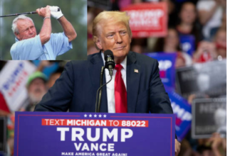 Former President Donald Trump, the Republican presidential contender, talks during a Saturday campaign event at Arnold Palmer Regional Airport in Latrobe.