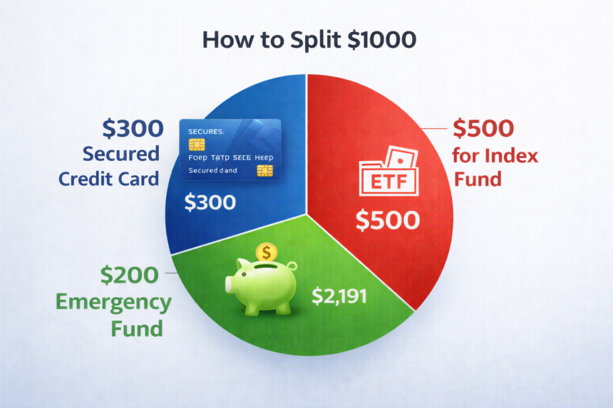 "Smart $1000 split strategy: Building credit and investing simultaneously."