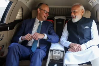 PM Narendra Modi and German Chancellor Friedrich Merz during informal moments in Ahmedabad, reflecting the growing India-Germany strategic partnership.