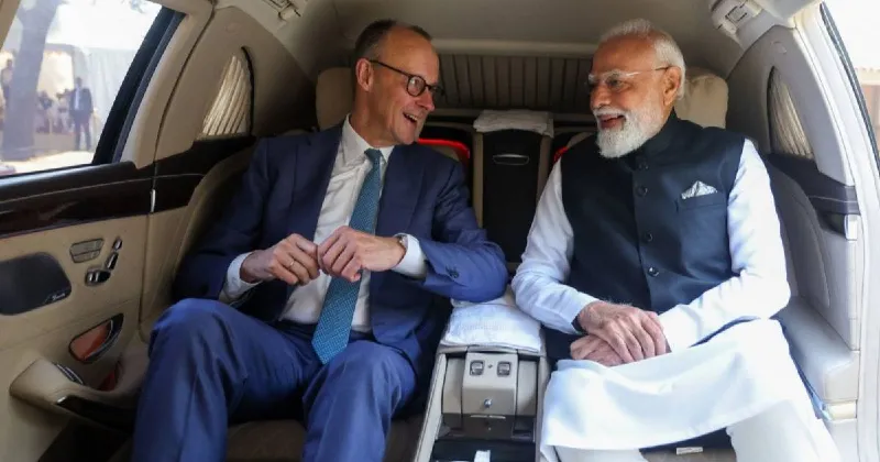 PM Narendra Modi and German Chancellor Friedrich Merz during informal moments in Ahmedabad, reflecting the growing India-Germany strategic partnership.