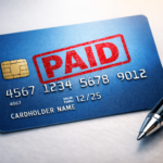 "Credit card with 'Paid' stamp, symbolizing progress in paying off debt."