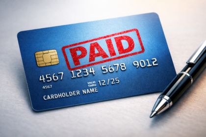 "Credit card with 'Paid' stamp, symbolizing progress in paying off debt."