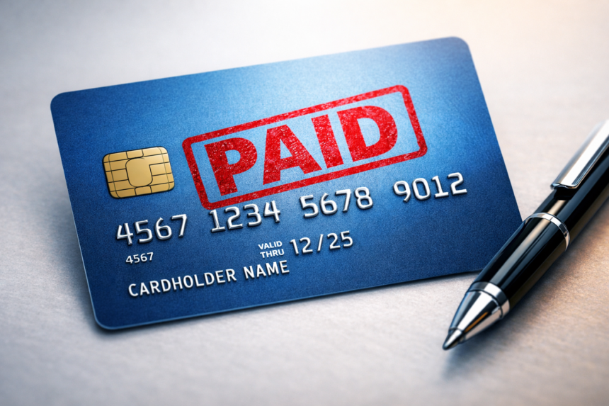 "Credit card with 'Paid' stamp, symbolizing progress in paying off debt."