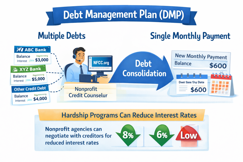 An infographic showing the debt management plan (DMP) process, consolidating multiple debts into one payment.