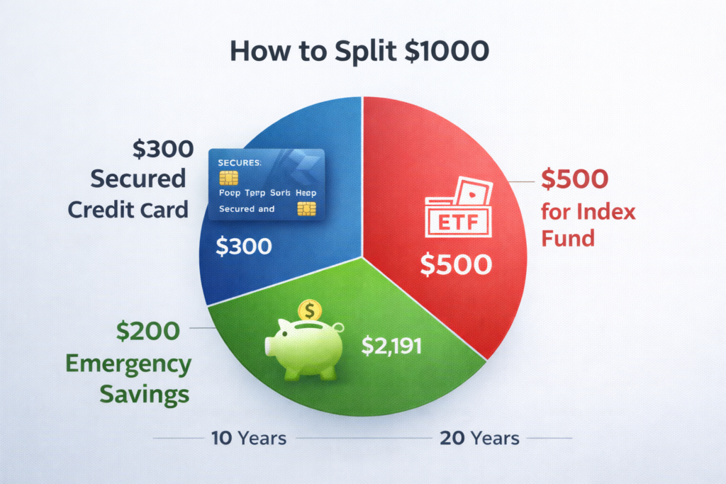 "A pie chart showing the smart $1000 split strategy for building credit and investing."