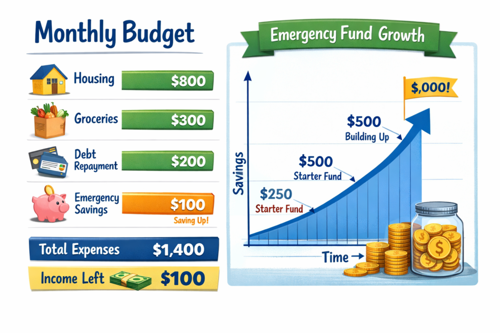 A digital illustration of a personal budget with categories for housing, groceries, emergency savings, and debt repayment.