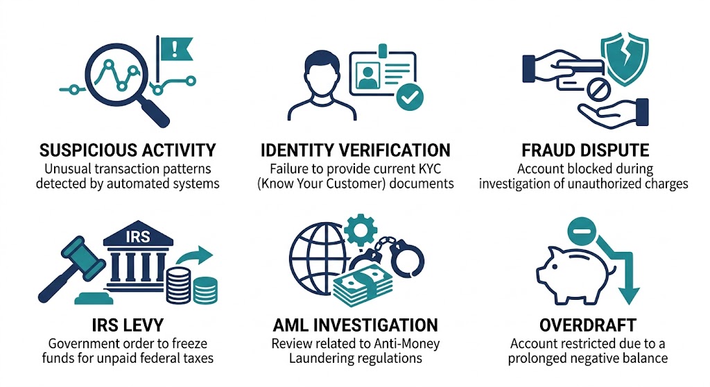 Infographic showing six reasons a U.S. bank account gets frozen or restricted