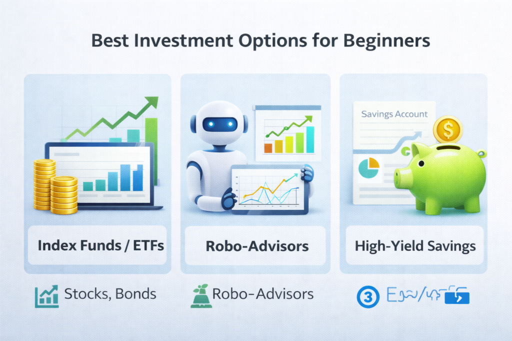 "Different investment options for beginners like index funds, robo-advisors, and high-yield savings accounts."