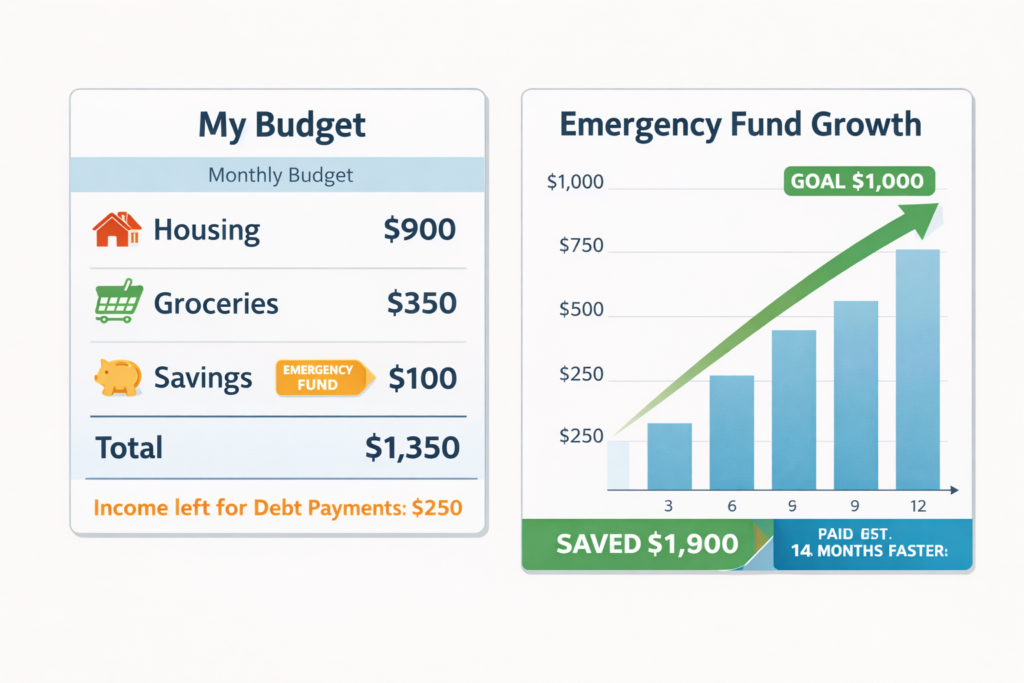 A digital budgeting tool showing expenses and savings with a focus on building an emergency fund.