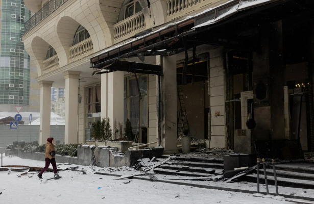 “Smoke and fire rise after Russia launches a missile strike on Ukraine, marking a sharp escalation in the ongoing war.”