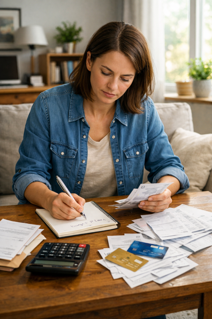 "Person focused on paying off credit card debt, sorting bills and financial documents at a coffee table."