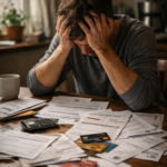 Person sitting at a kitchen table surrounded by credit card statements, looking stressed and overwhelmed.