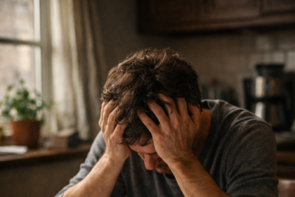 Person sitting at a kitchen table surrounded by credit card statements, looking stressed and overwhelmed.