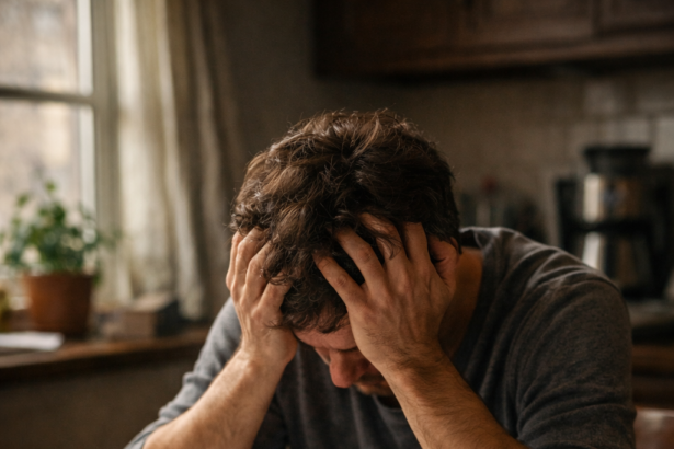 Person sitting at a kitchen table surrounded by credit card statements, looking stressed and overwhelmed.