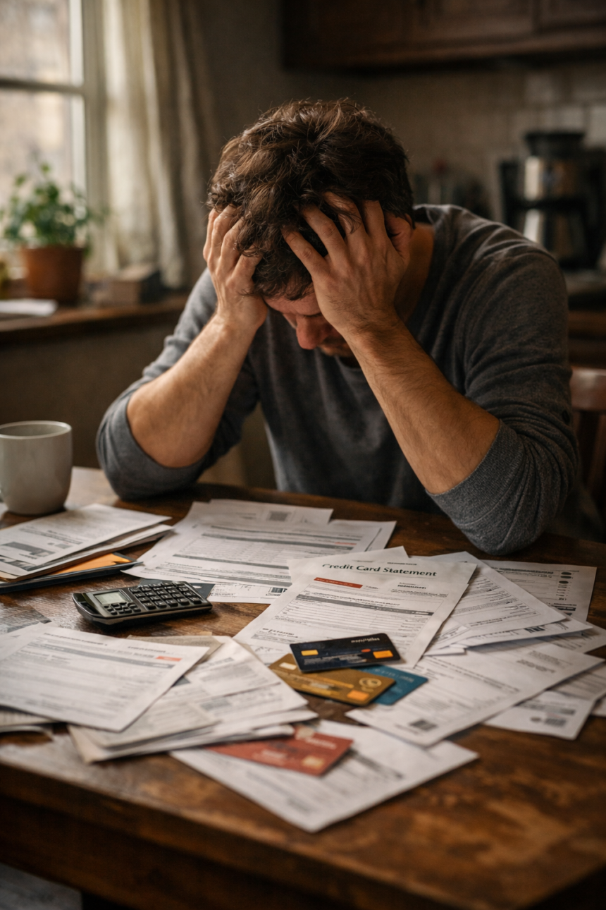 Person sitting at a kitchen table surrounded by credit card statements, looking stressed and overwhelmed.