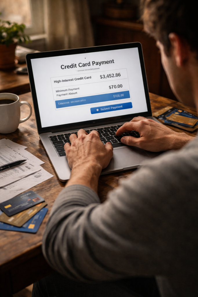Person paying a high-interest credit card online with other cards stacked beside them.