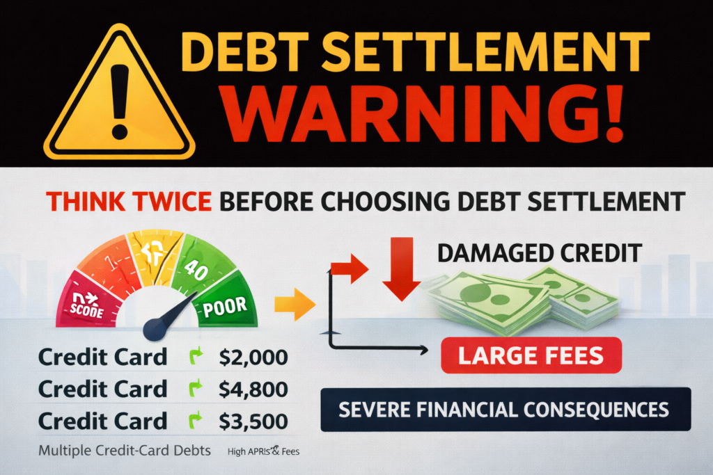 A warning graphic explaining the risks of debt settlement and its potential impact on credit scores.