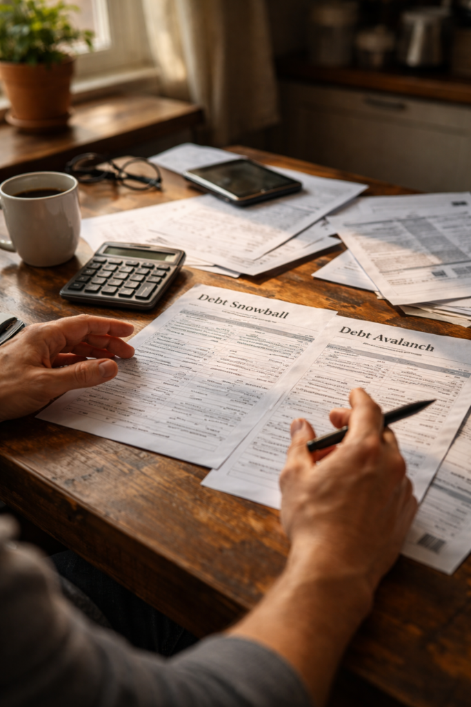 Hands over a cluttered desk with bills and spreadsheets, showing indecision.