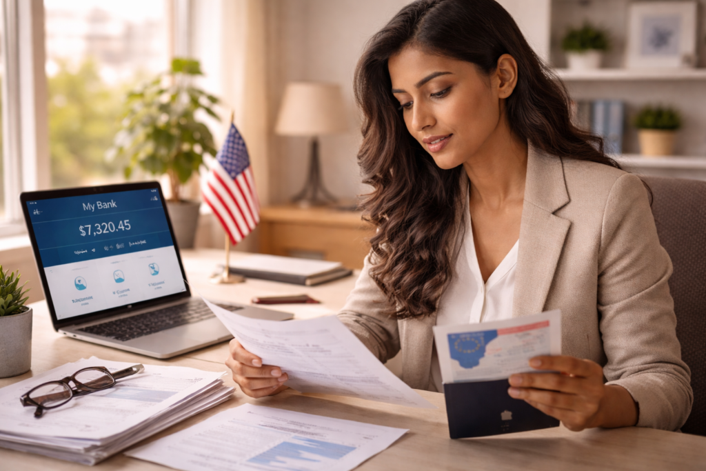 South Asian immigrant reviewing U.S. banking documents and visa
