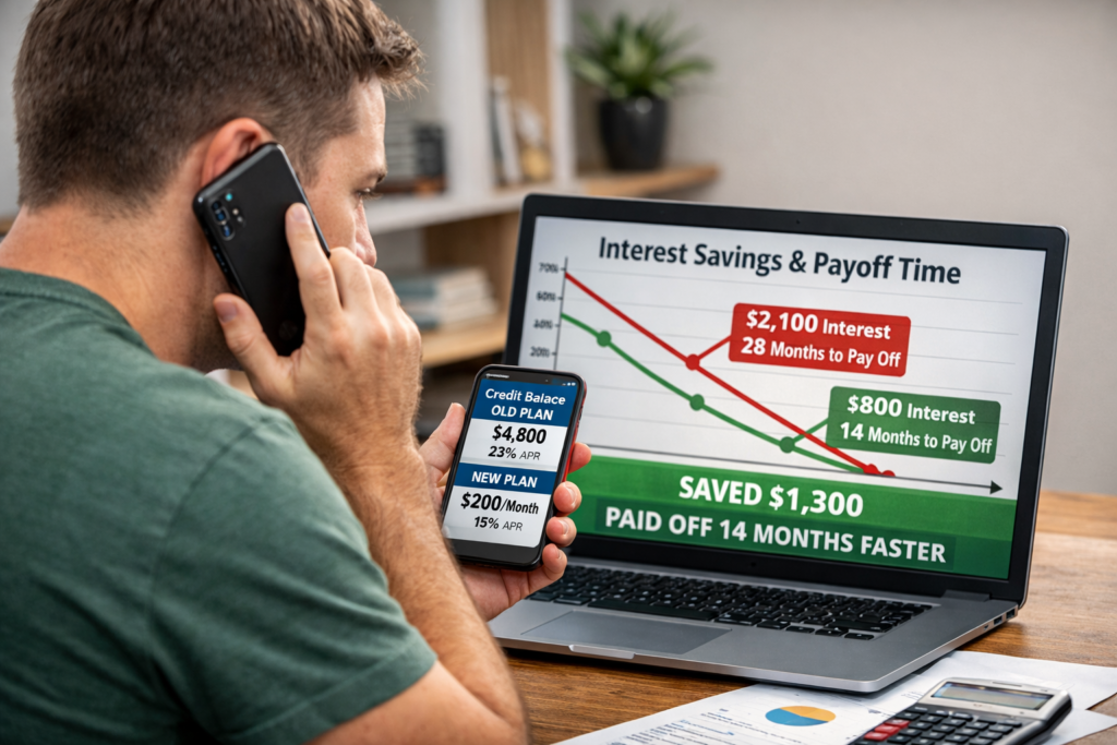 A visual of John negotiating his credit card debt down, with a graph showing the potential savings.