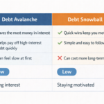A comparison table of Debt Avalanche and Snowball methods, showing key differences in approach, risk, and suitability.