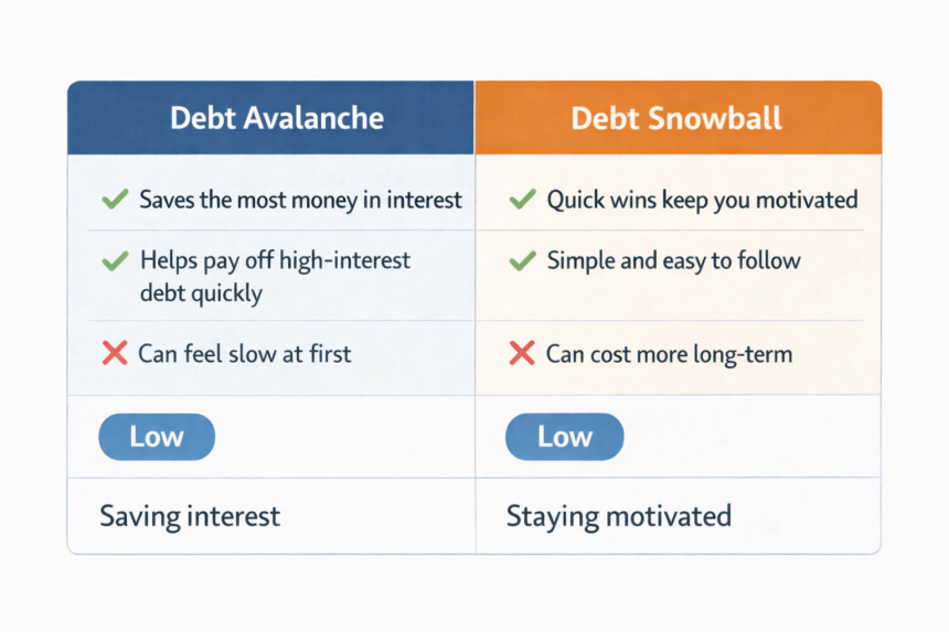 A comparison table of Debt Avalanche and Snowball methods, showing key differences in approach, risk, and suitability.