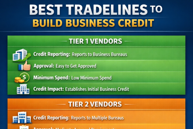 : A detailed infographic comparing top vendors for building business credit and understanding tradeline scores.