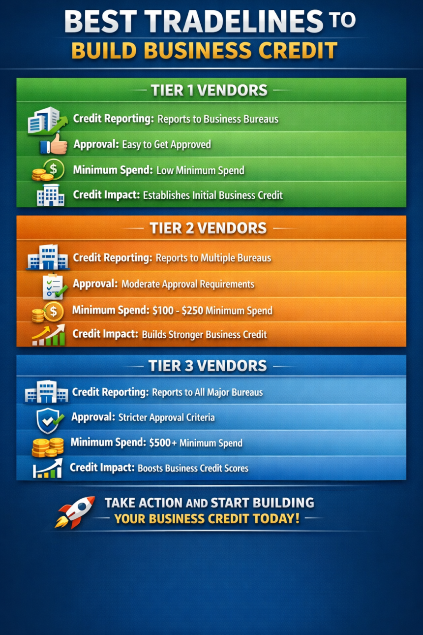 : A detailed infographic comparing top vendors for building business credit and understanding tradeline scores.