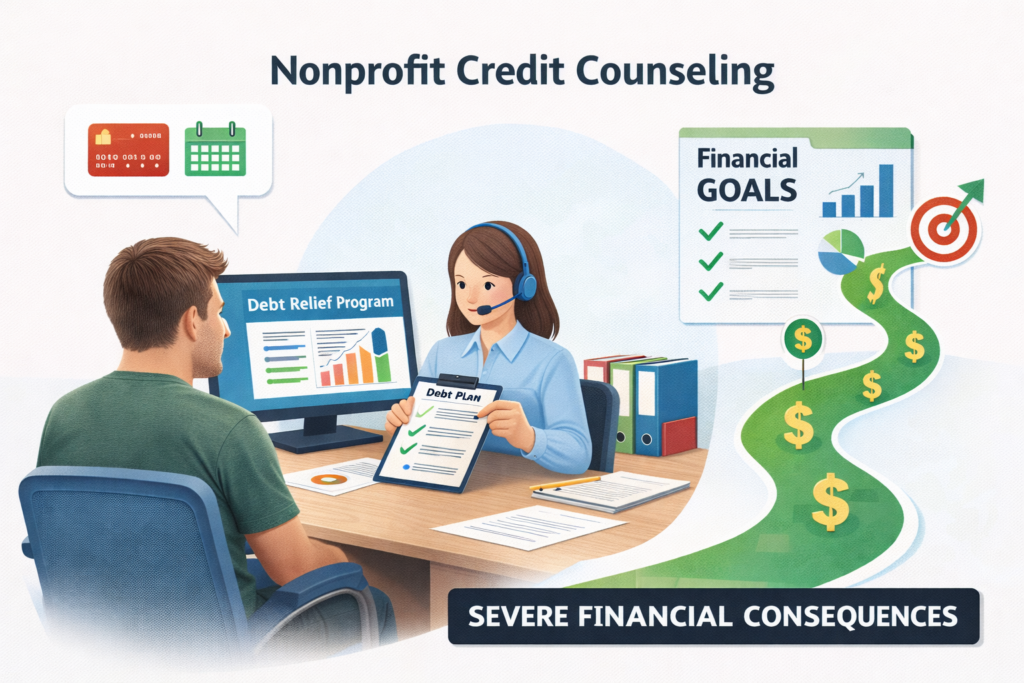 A visual showing a person working with a nonprofit credit counselor to create a debt repayment plan.