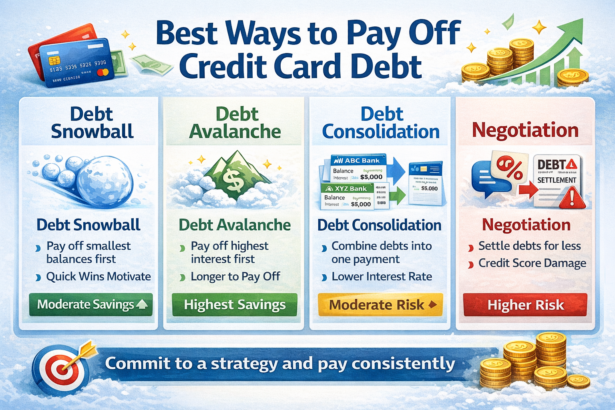 Infographic comparing the four best strategies to pay off credit card debt: Debt Snowball, Debt Avalanche, Debt Consolidation, and Negotiation