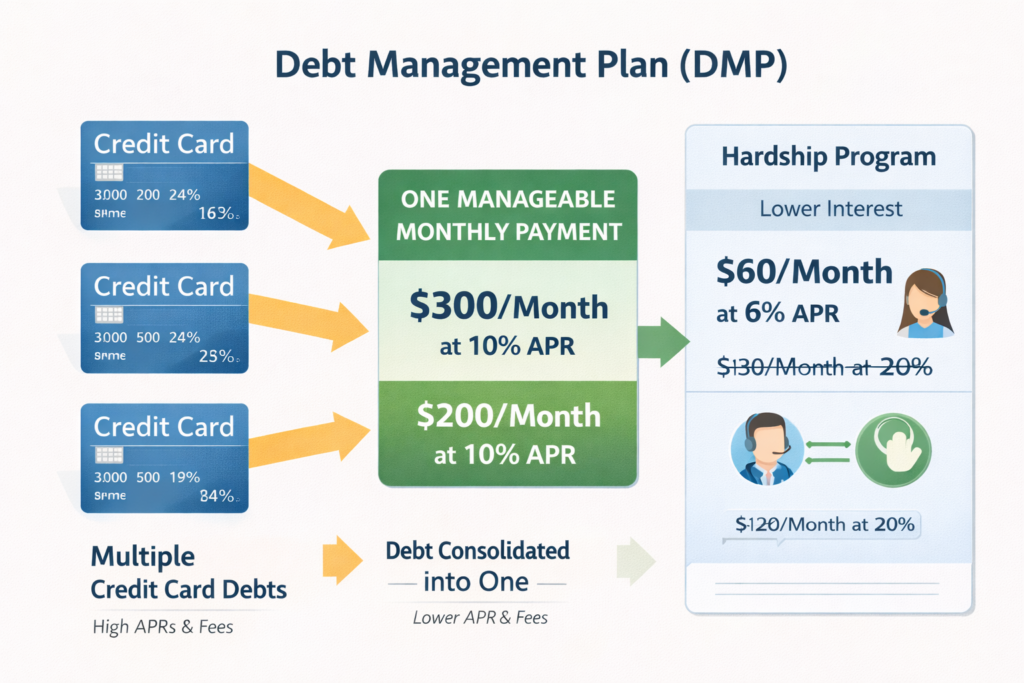 An infographic showing how a Debt Management Plan consolidates multiple credit card debts into one monthly payment.