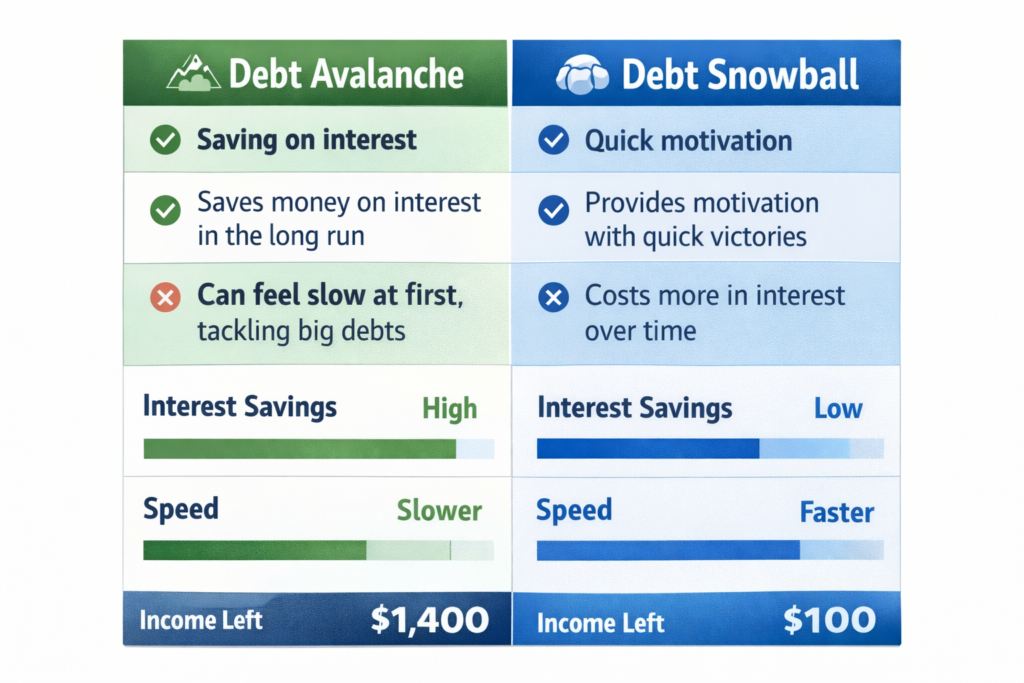 A comparison of the Debt Avalanche and Debt Snowball methods showing pros, cons, and interest savings.