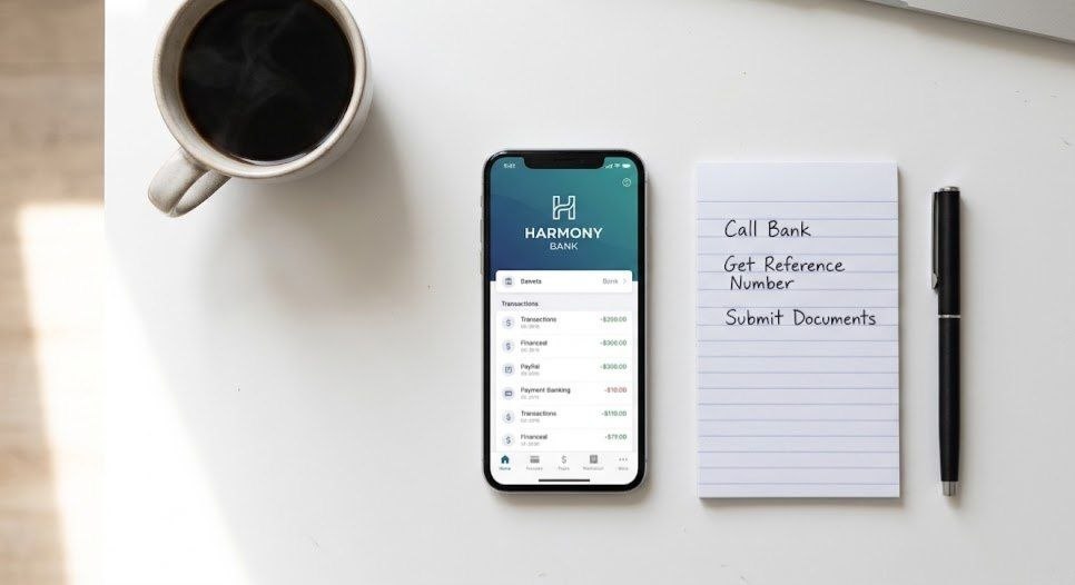 Desk with action plan notes for resolving a frozen bank account in the USA