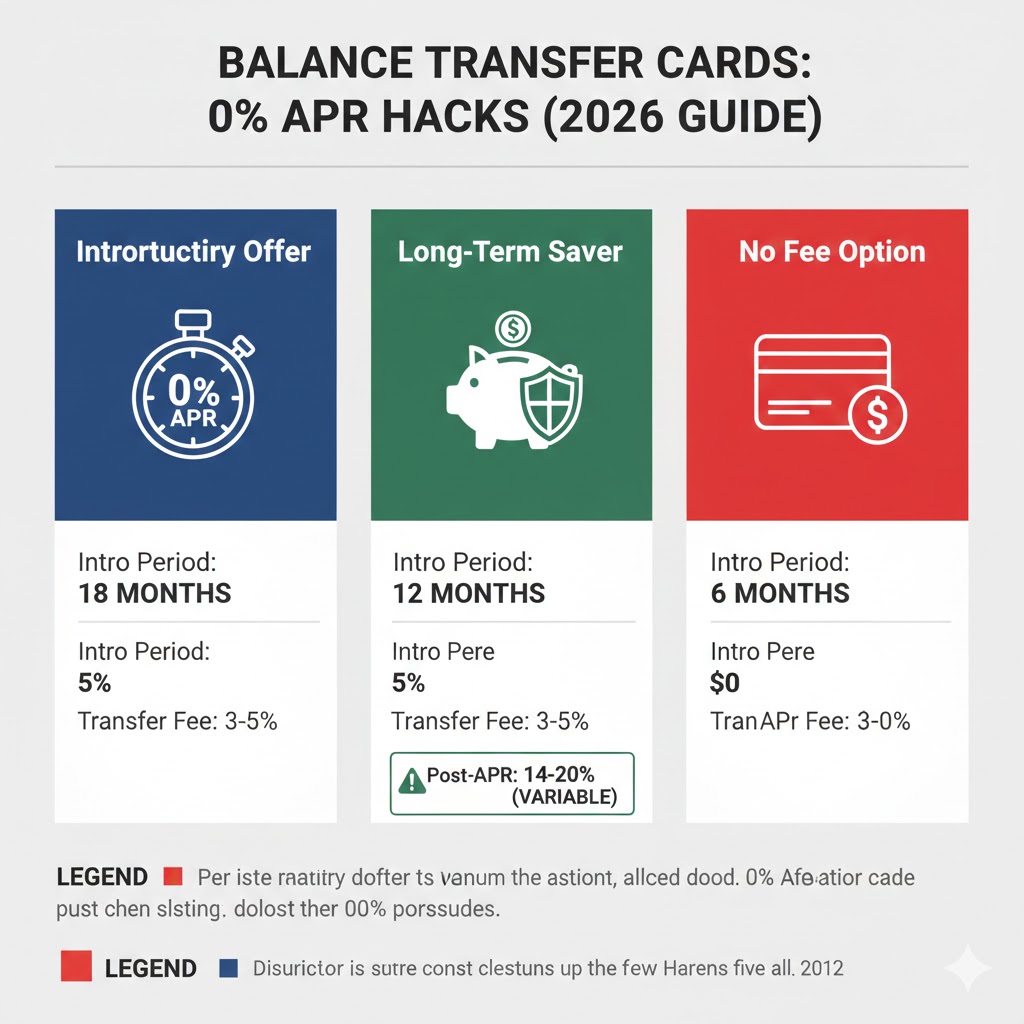 "Comparison chart of balance transfer credit cards showing APR, transfer fees, and introductory periods."
