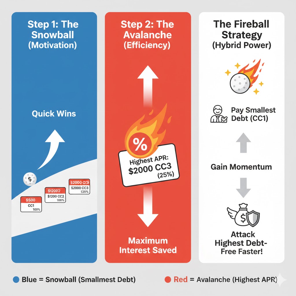 "Diagram of the Fireball Method combining Debt Snowball and Debt Avalanche strategies to pay off credit card debt."