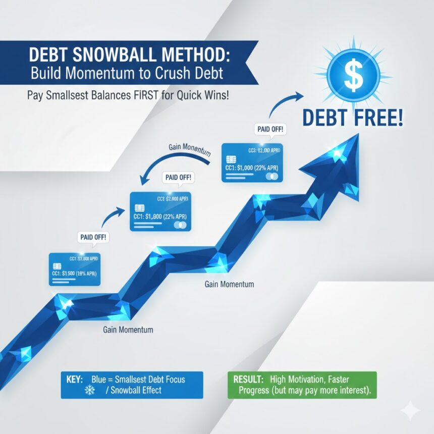 "Infographic explaining the Debt Snowball Method showing the steps to pay off credit card debt starting with the smallest balance."