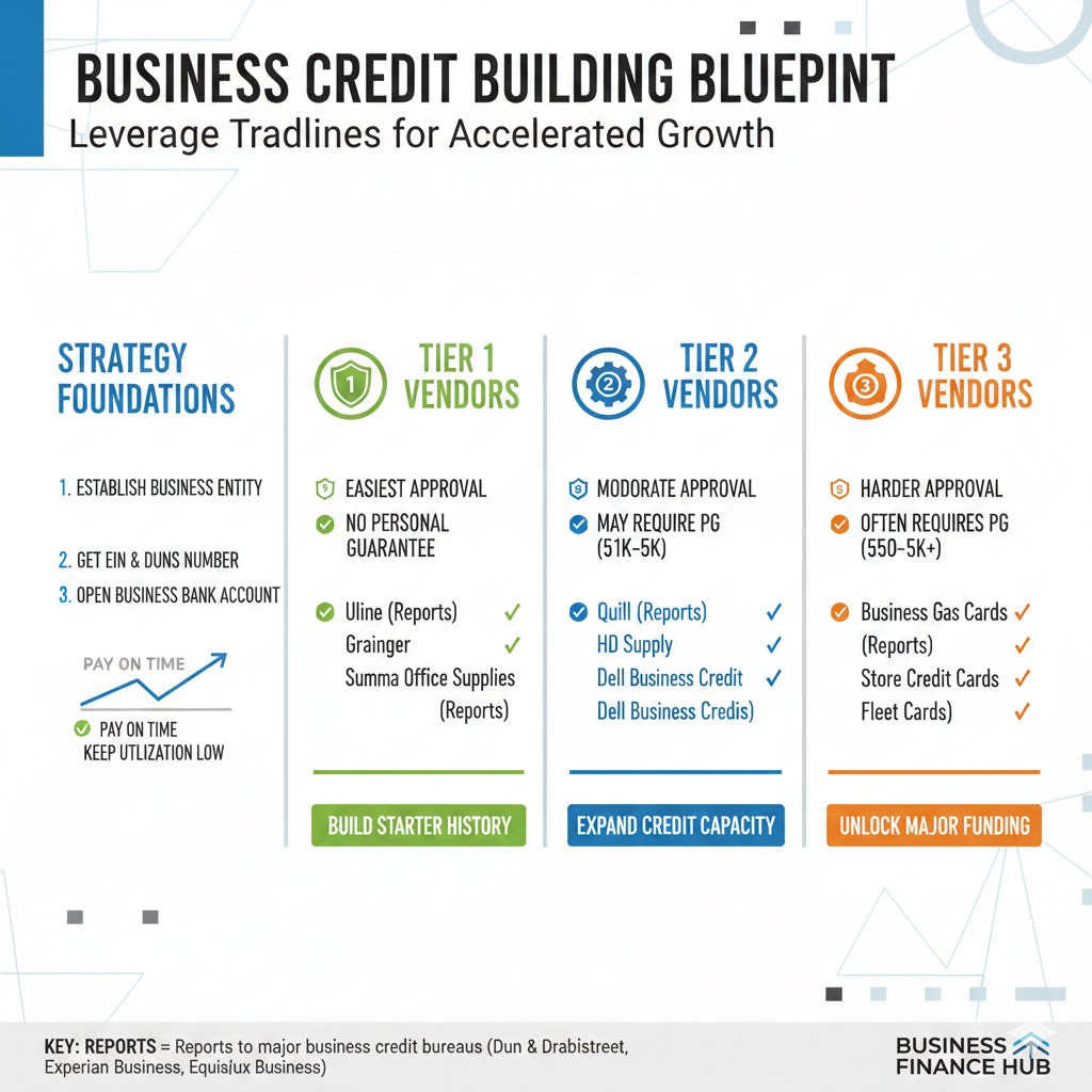 Infographic showing the best tradelines for building business credit, including Tier 1, Tier 2, and Tier 3 vendors.