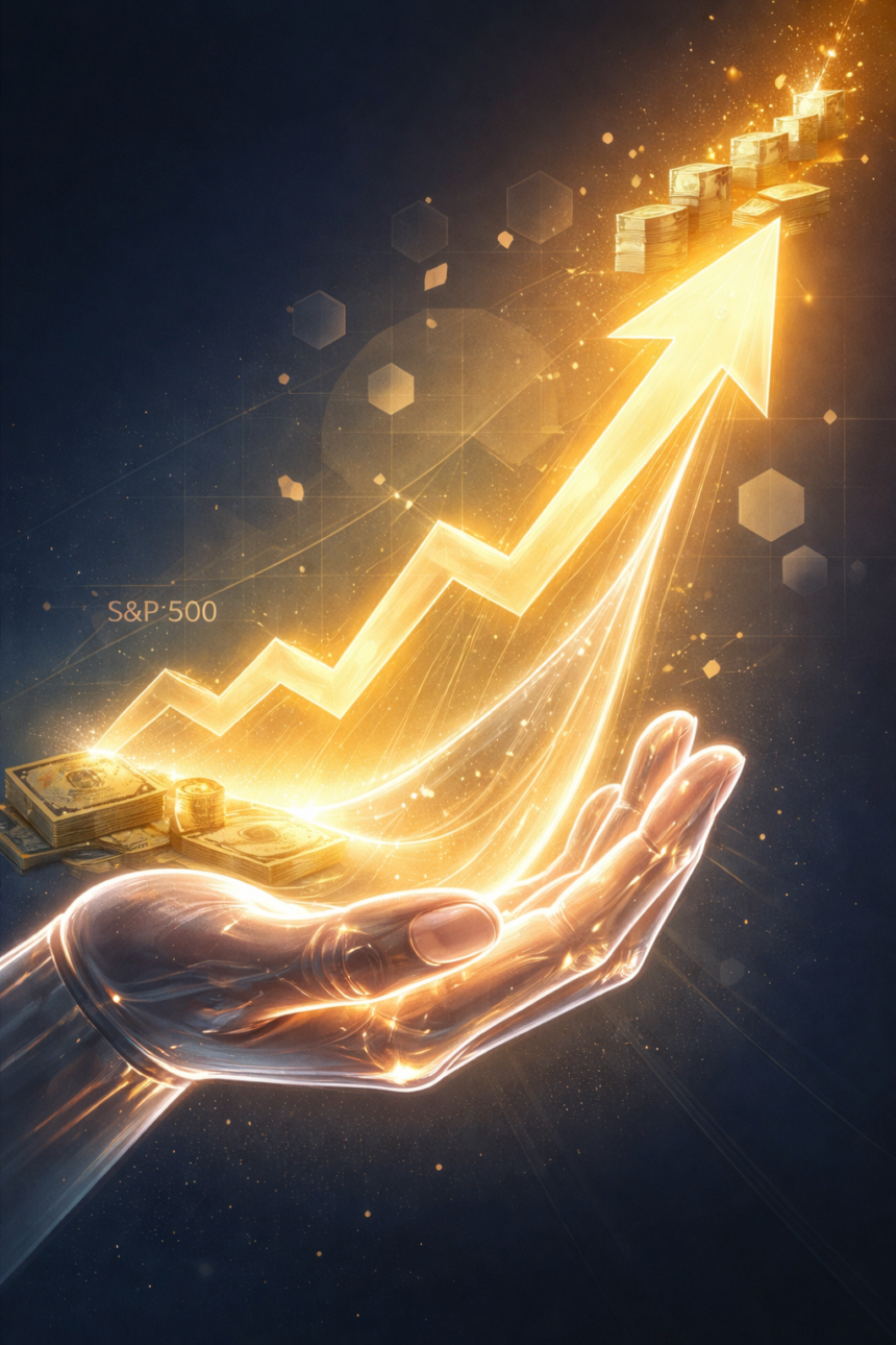 "Glowing upward arrow growing exponentially from $1,000 to wealth, representing S&P 500 investment journey over decades"
