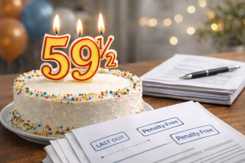 Birthday celebration for age 59½ with financial documents marked penalty-free