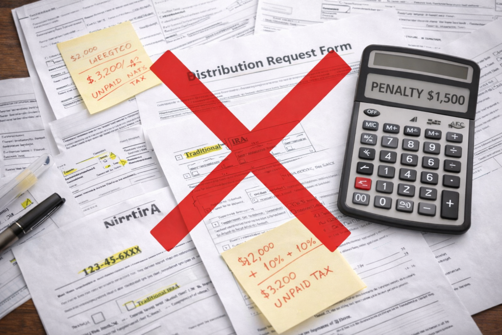 Visual representation of costly Roth IRA mistakes with penalty calculations