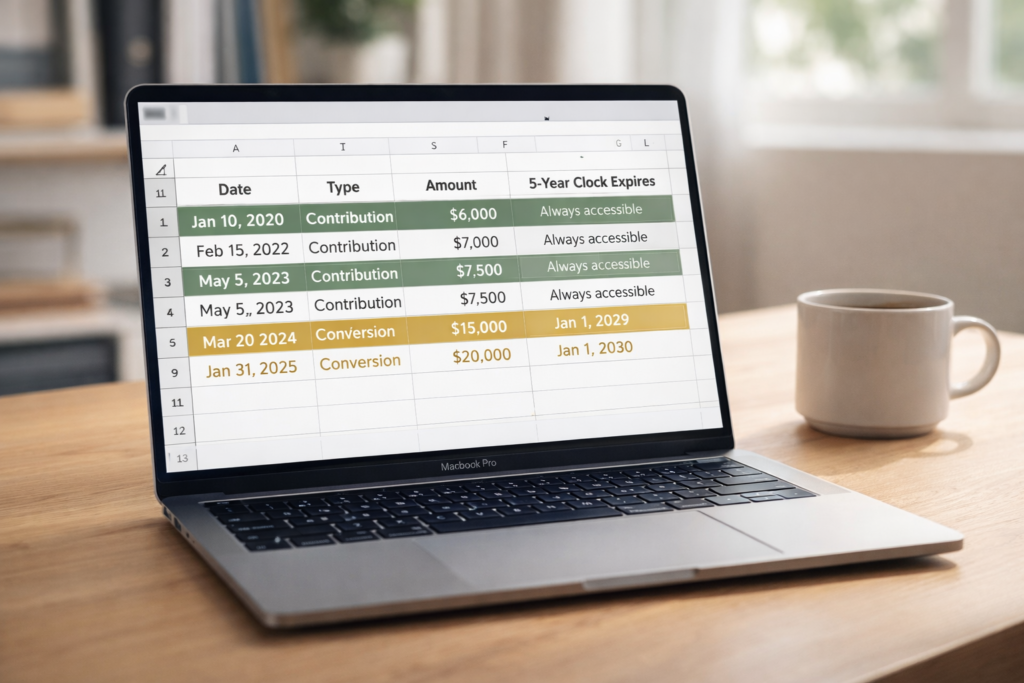 Example spreadsheet for tracking Roth IRA contributions and conversions with 5-year expiration dates