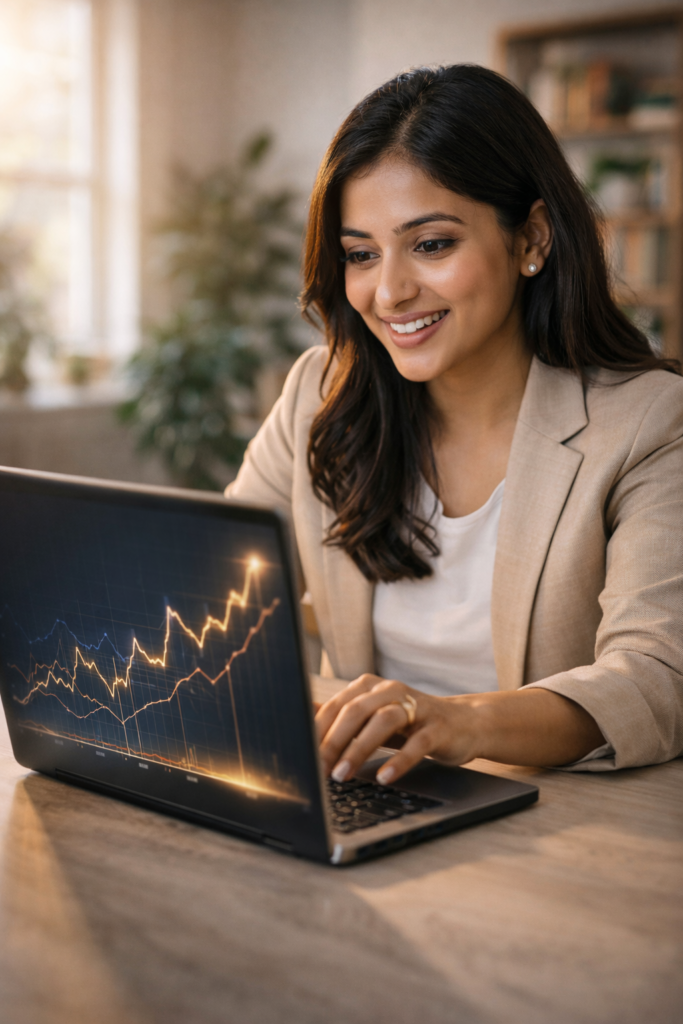 Young woman tracking Roth IRA growth on laptop — tax-free retirement savings