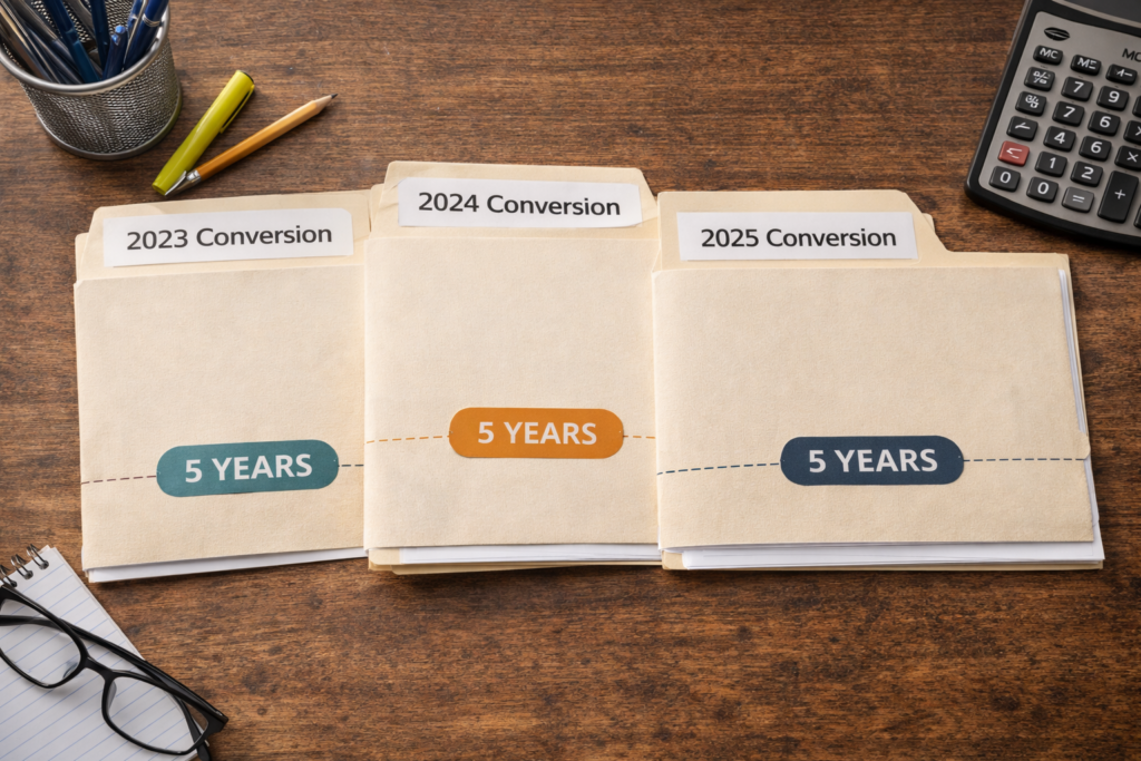 Organized folders showing multiple Roth conversions with separate tracking timelines