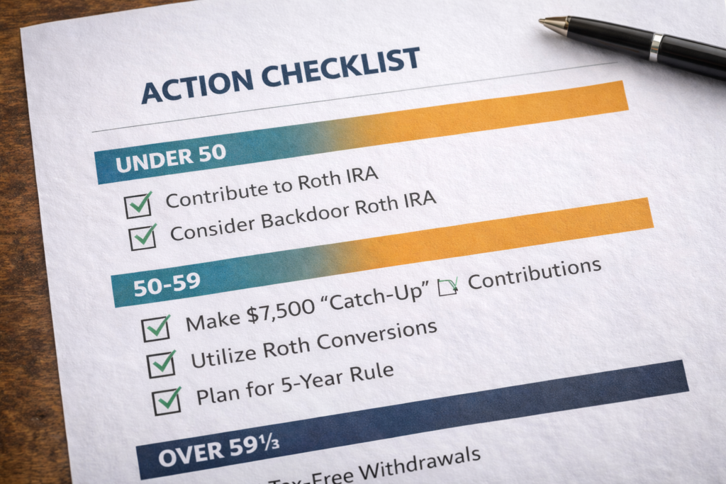 Age-segmented action plan checklist for Roth IRA timing strategies