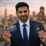 H-1B visa holder holding US credit card and passport in front of American city skyline