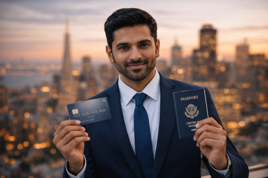 H-1B visa holder holding US credit card and passport in front of American city skyline
