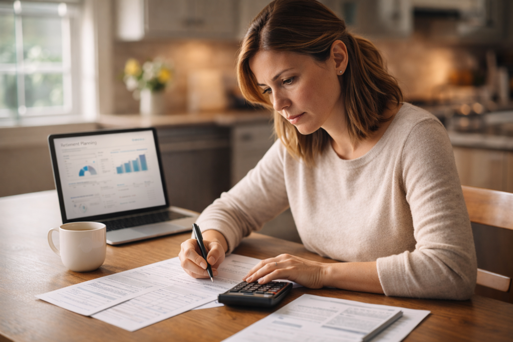 Mother carefully reviewing her own retirement savings before opening a custodial Roth IRA for her child