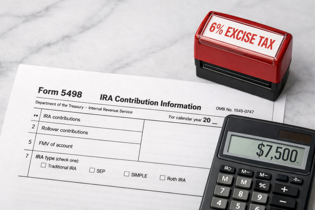 IRS Form 5498 with 6% excise tax penalty warning for Roth IRA over-contribution
