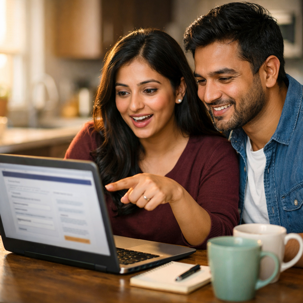 South Asian H1B and H4 visa holder couple opening spousal Roth IRA account together on laptop