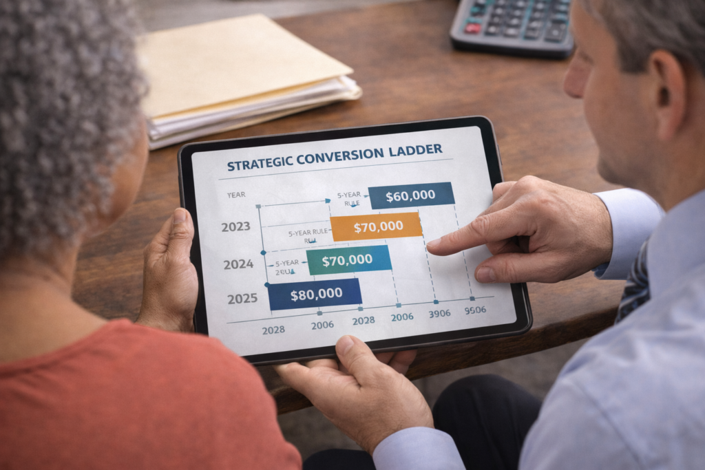 Financial advisor explaining conversion ladder strategy with multi-year timeline chart